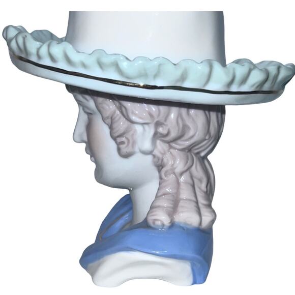 Lady Head Vase Planter - Blue & White Wide Brim Hat, 7” Tall, Mint Vintage - Picture 4 of 6
